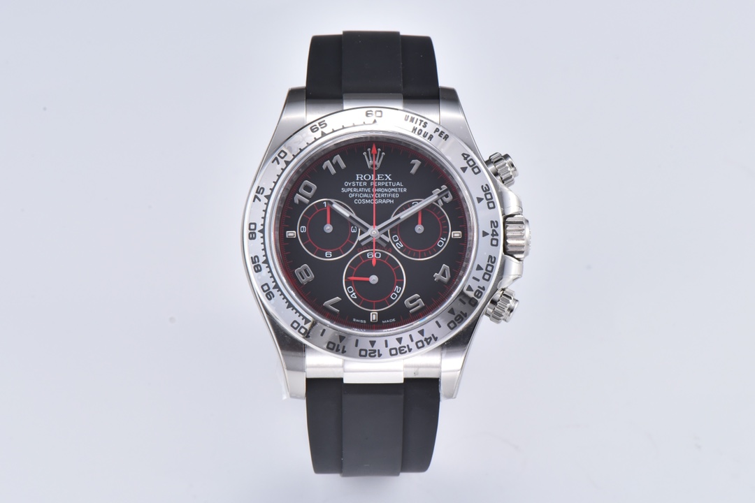 Clean Factory Rolex Daytona Chronograph Black Arabic Dial Steel Bezel Black Rubber Strap 7750/4130 Movement
