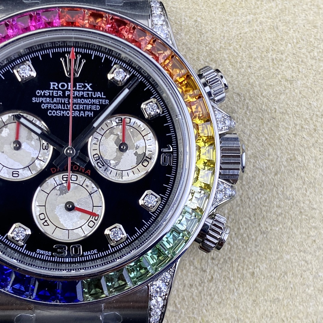 Clean Factory Rolex Daytona Chronograph Black&White Diamond Dial Colorful Diamond Bezel 904L Stainless Steel Case&Bracelet 7750/4130 Movement - Image 5