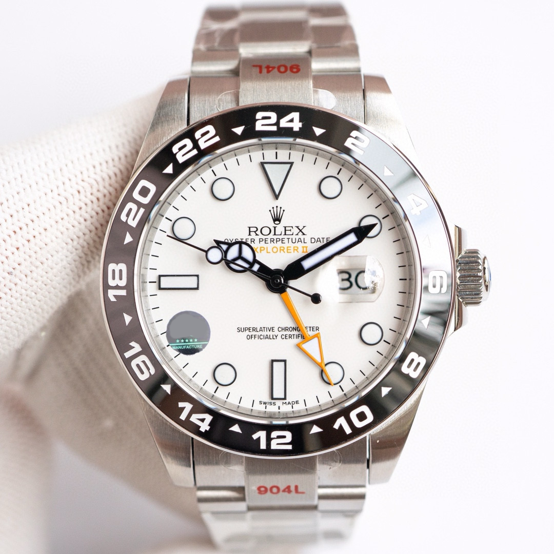 Clean Factory Rolex Explorer II 42mm White Dial Black Ceramic Bezel 904L Stainless Steel 2836 Swiss Movement