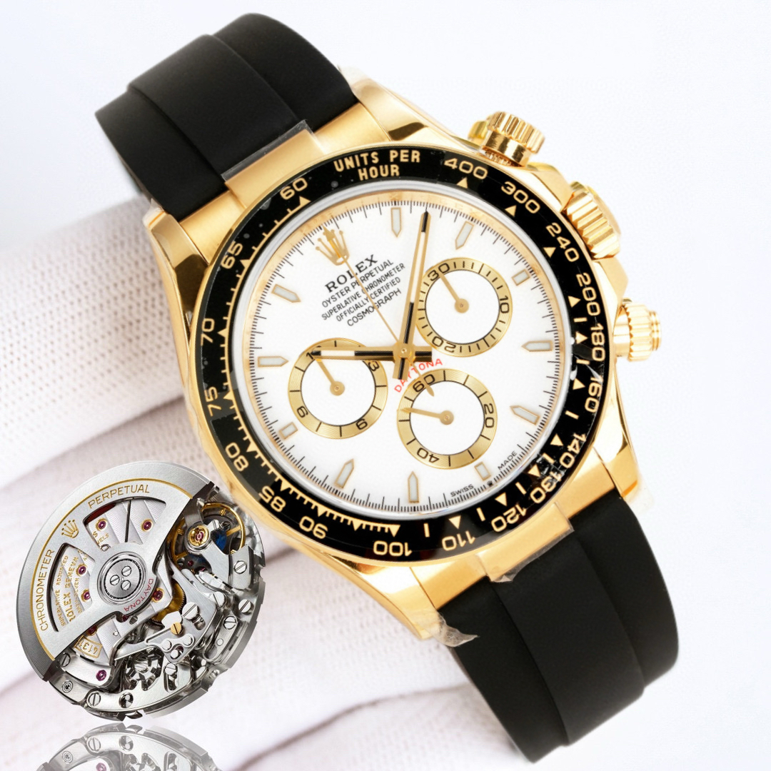Clean Factory Rolex Daytona 126518 White&Gold&White Dial Black Ceramic Bezel Oysterflex Rubber Strap 4131 Movement