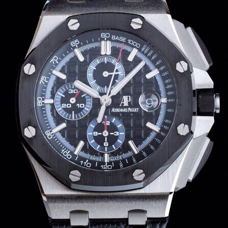 APF Factory Audemars Piguet Royal Oak Offshore 26400 Black&Blue Dial Black Ceramic Bezel 316L Steel Case Leather Strap 3126 Movement 44mm