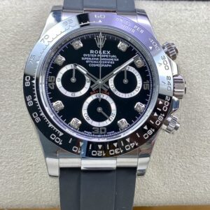 BT Factory Rolex Daytona Chronograph 116519 Black Dial With Diamonds Ceramic Bezel Stainless Steel Case Rubber Strap 4130 Movement 40mm