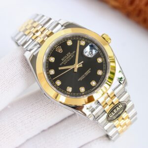 Clean Factory Rolex Datejust 126303 Black Diamond Dial Domed Yellow Gold Bezel Oyster/Jubilee Bracelet 904L Steel 3235 Movement 41mm Mens Watch