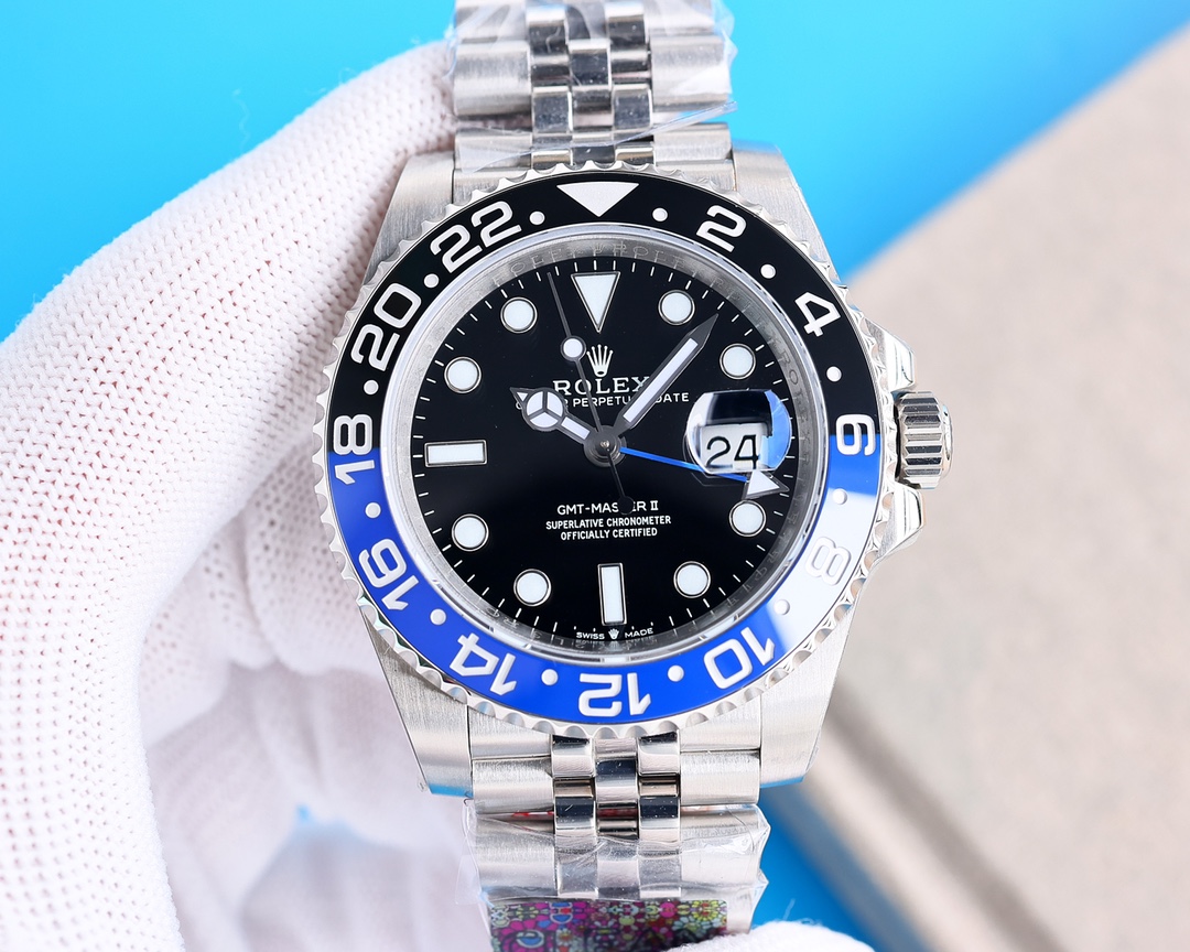 Clean Factory Rolex GMT Master Batman Black Dial Black & Blue Ceramic Bezel Jubilee Bracelet 904L Steel 3186/3285 Movement
