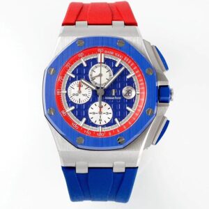 APF Factory Audemars Piguet Royal Oak Offshore 26400 Blue&White Dial With Red Ring Blue Ceramic Bezel 316L Steel Case Rubber Strap 3126 Movement 44mm