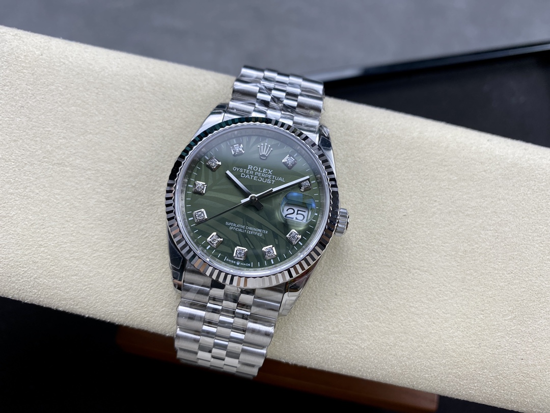 VS Factory Rolex Datejust 126234 Green Palm Motif Dial With Diamond Fluted Rose Gold Bezel 904L Steel Jubilee Bracelet 3235 Movement 36mm - Image 4