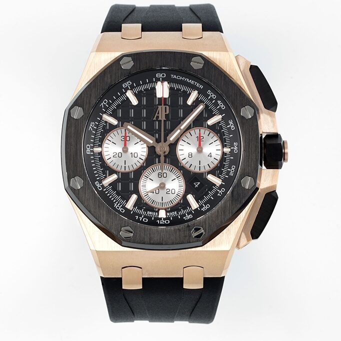 APF Factory Audemars Piguet Royal Oak Offshore 26420 Black Dial Ceramic Bezel Rose Gold Case Rubber Strap 4401 Movement 43mm