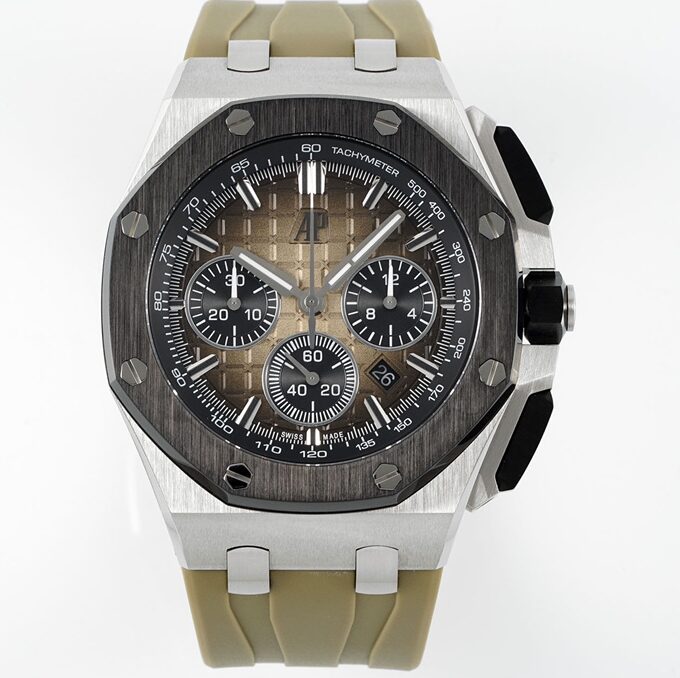 APF Factory Audemars Piguet Royal Oak Offshore 26420 Desert Grey Dial Ceramic Bezel 316L Steel Case Rubber Strap 4401 Movement 43mm