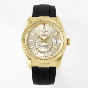ZF Factory Rolex Sky-Dweller Champagne Dial Yellow Gold Case Oysterflex Rubber Strap 9002 Movement 42mm