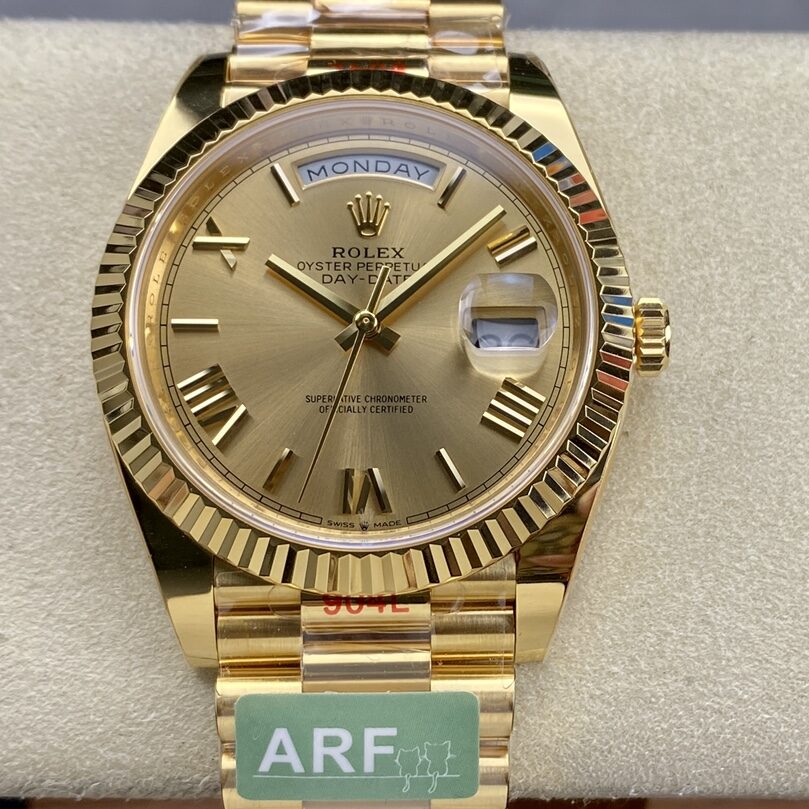 ARF Factory Rolex Daydate 40mm Champagne Roman Dial Fluted Bezel Yellow Gold Bracelet 3255 Movement Weight Gained 40mm