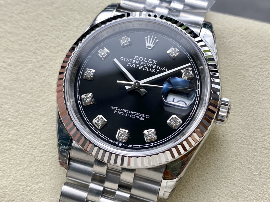 VS Factory Rolex Datejust 126234 Black Dial With Diamond Fluted Bezel 904L Steel Jubilee Bracelet 3235 Movement 36mm - Image 2