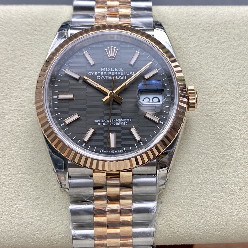 VS Factory Rolex Datejust 126234 Grey Motif Dial Fluted Rose Gold Bezel 904L Steel Jubilee Bracelet 3235 Movement 36mm