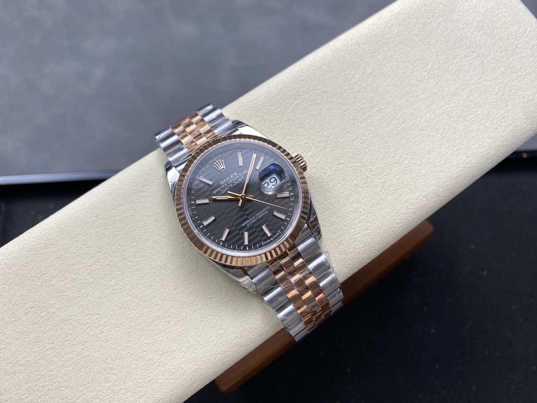 VS Factory Rolex Datejust 126234 Grey Motif Dial Fluted Rose Gold Bezel 904L Steel Jubilee Bracelet 3235 Movement 36mm - Image 4